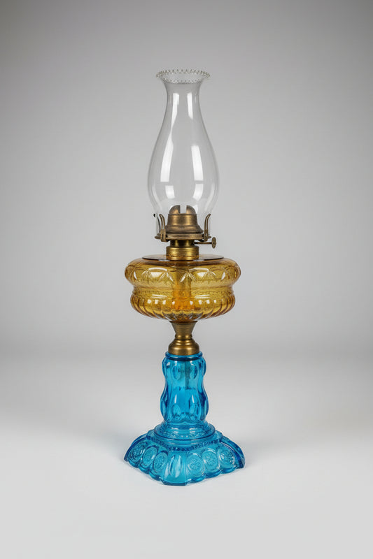 Antique Adams Co Moon and Star Blue Amber Glass Oil Lamp EAPG 1880s Magnesium glow
