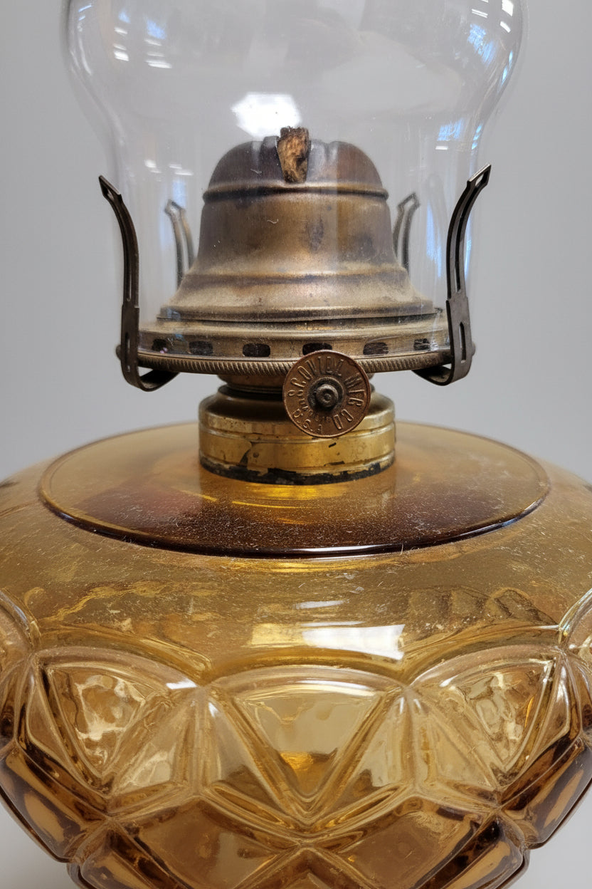 Antique Adams Co Moon and Star Blue Amber Glass Oil Lamp EAPG 1880s Magnesium glow