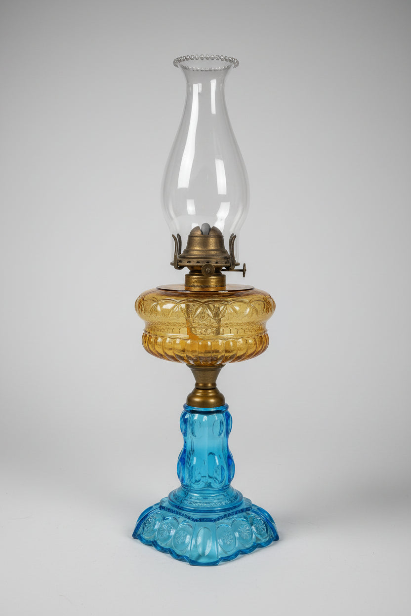 Antique Adams Co Moon and Star Blue Amber Glass Oil Lamp EAPG 1880s Magnesium glow