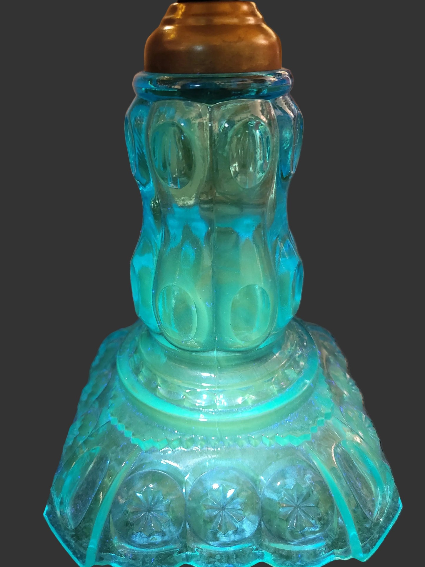 Antique Adams Co Moon and Star Blue Amber Glass Oil Lamp EAPG 1880s Magnesium glow