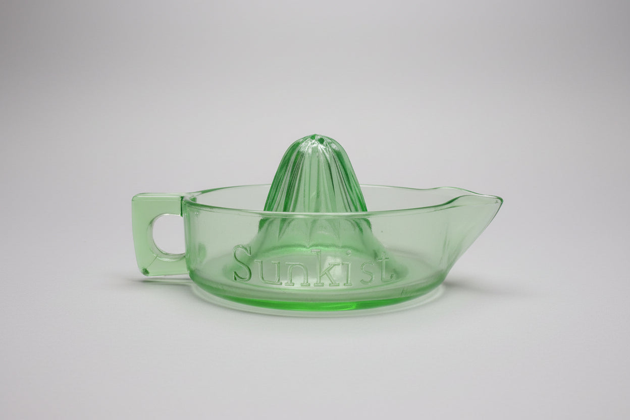 Vintage Sunkist Green Depression Glass Juicer Reamer McKee Uranium Vaseline Glow Pat. No. 68764