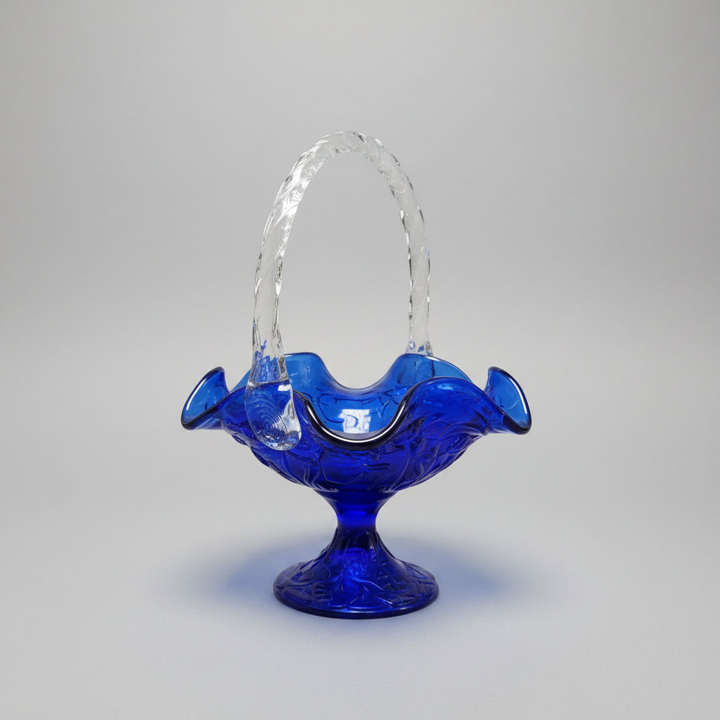 Vintage Fenton Cobalt Blue Water Lily Glass Basket Clear Twisted Handle Pedestal