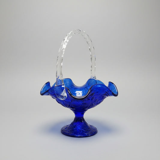 Vintage Fenton Cobalt Blue Water Lily Glass Basket Clear Twisted Handle Pedestal