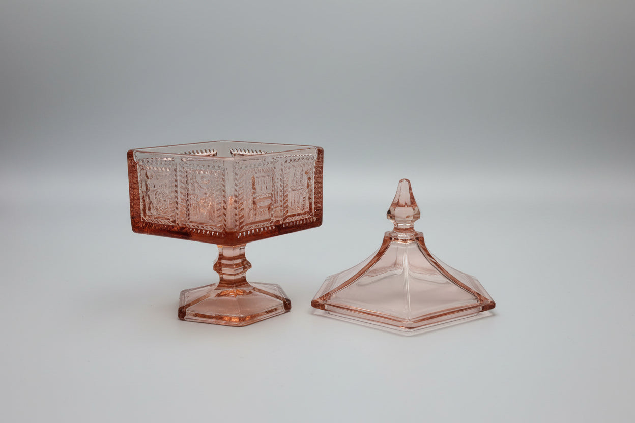 Vintage Tiara Exclusives Pink Glass Colonial Eagle & Star Covered Candy Dish Hexagon
