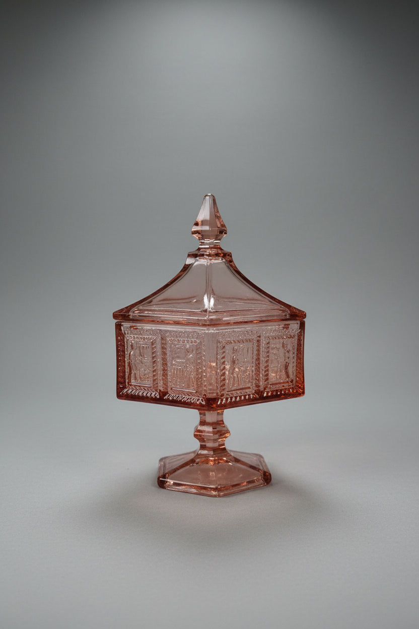 Vintage Tiara Exclusives Pink Glass Colonial Eagle & Star Covered Candy Dish Hexagon