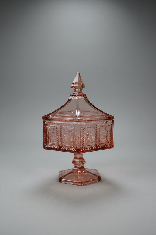Vintage Tiara Exclusives Pink Glass Colonial Eagle & Star Covered Candy Dish Hexagon
