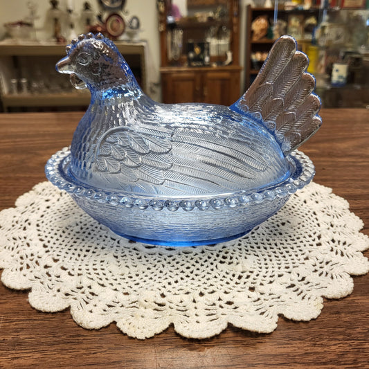 Vintage Indiana Glass Cornflower Blue Hen on Nest Candy Dish Covered Lidded Bowl 7"