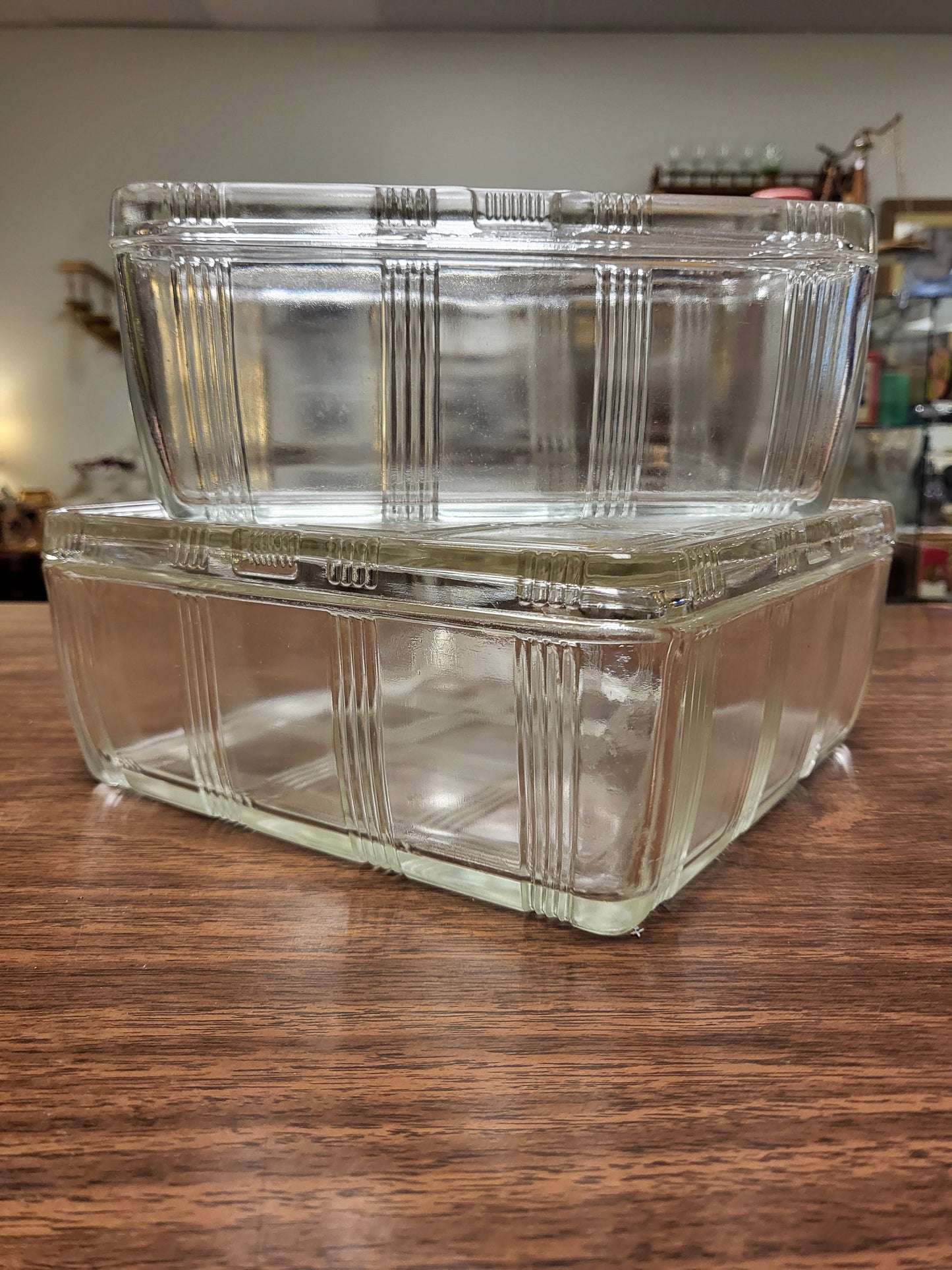 Vintage Hazel Atlas Criss Cross Refrigerator Dishes with Lids | Set of 2 Art Deco Clear Glass Food Storage Containers