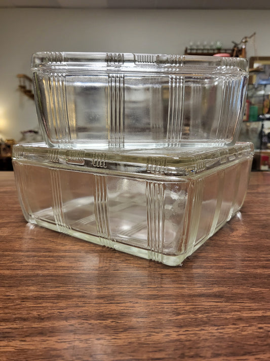 Vintage Hazel Atlas Criss Cross Refrigerator Dishes with Lids | Set of 2 Art Deco Clear Glass Food Storage Containers