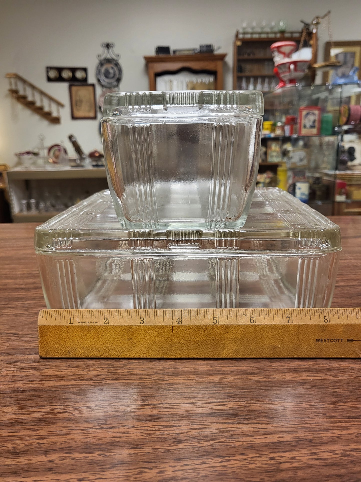 Vintage Hazel Atlas Criss Cross Refrigerator Dishes with Lids | Set of 2 Art Deco Clear Glass Food Storage Containers