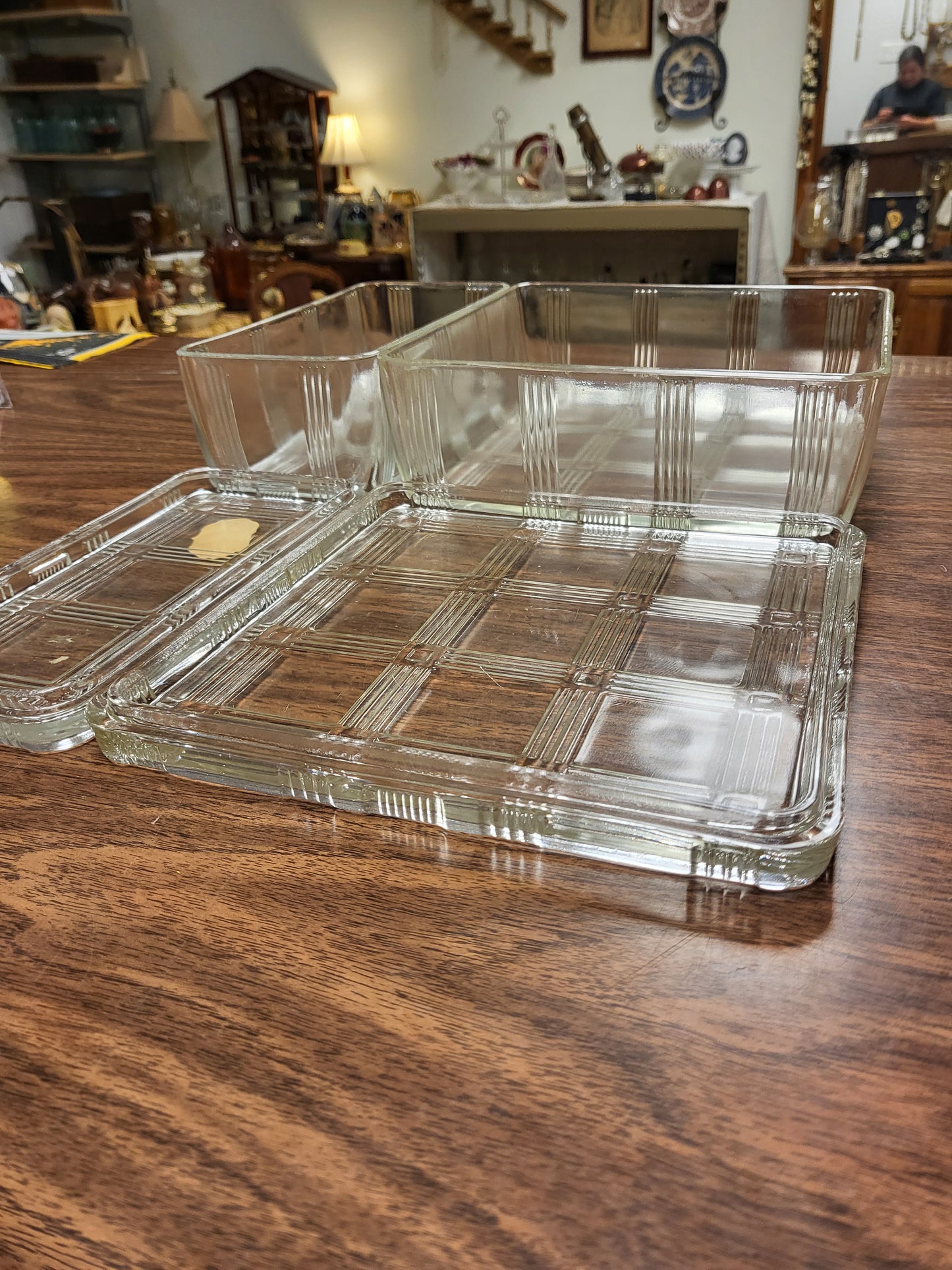 Vintage Hazel Atlas Criss Cross Refrigerator Dishes with Lids | Set of 2 Art Deco Clear Glass Food Storage Containers