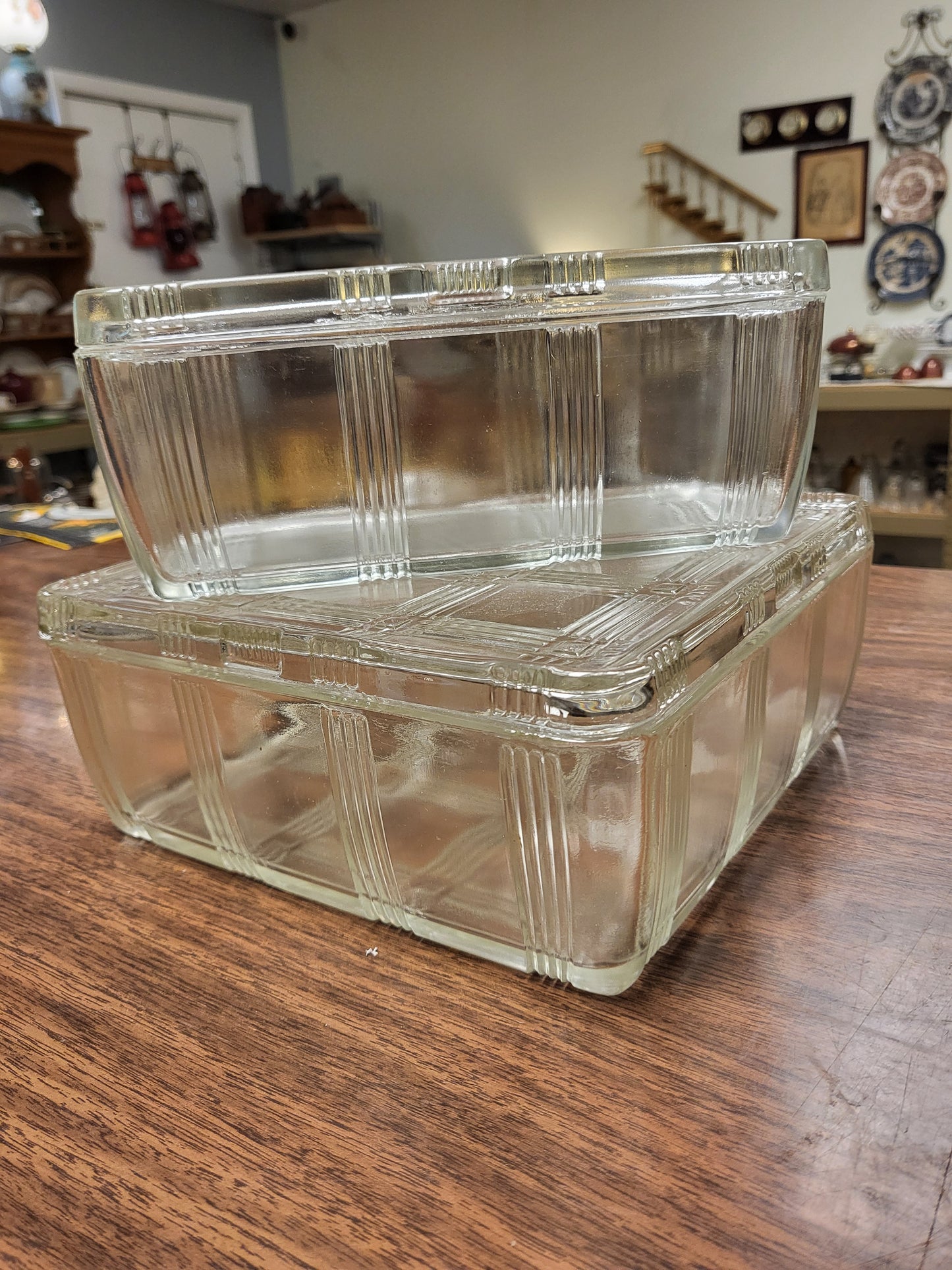 Vintage Hazel Atlas Criss Cross Refrigerator Dishes with Lids | Set of 2 Art Deco Clear Glass Food Storage Containers