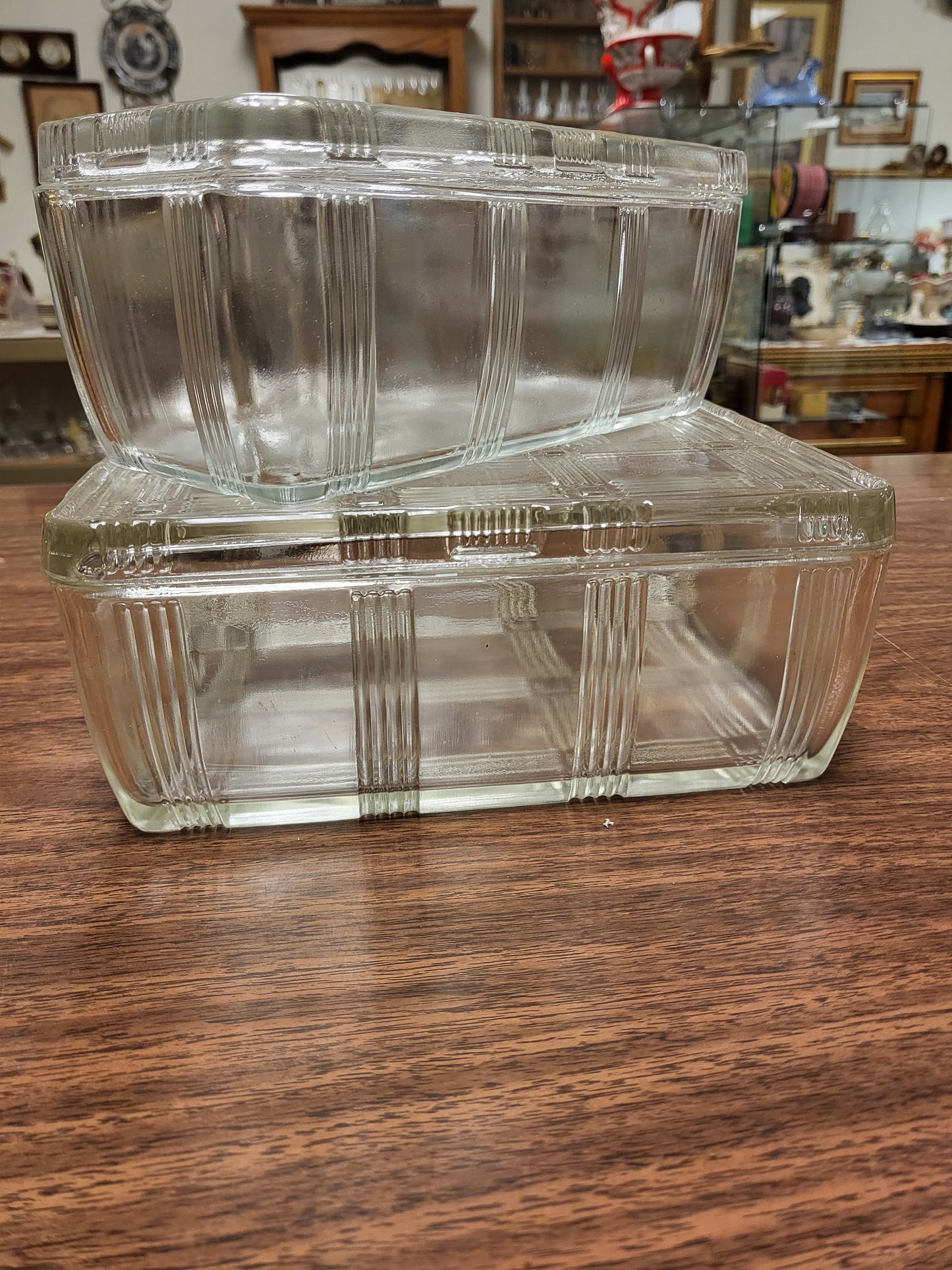 Vintage Hazel Atlas Criss Cross Refrigerator Dishes with Lids | Set of 2 Art Deco Clear Glass Food Storage Containers