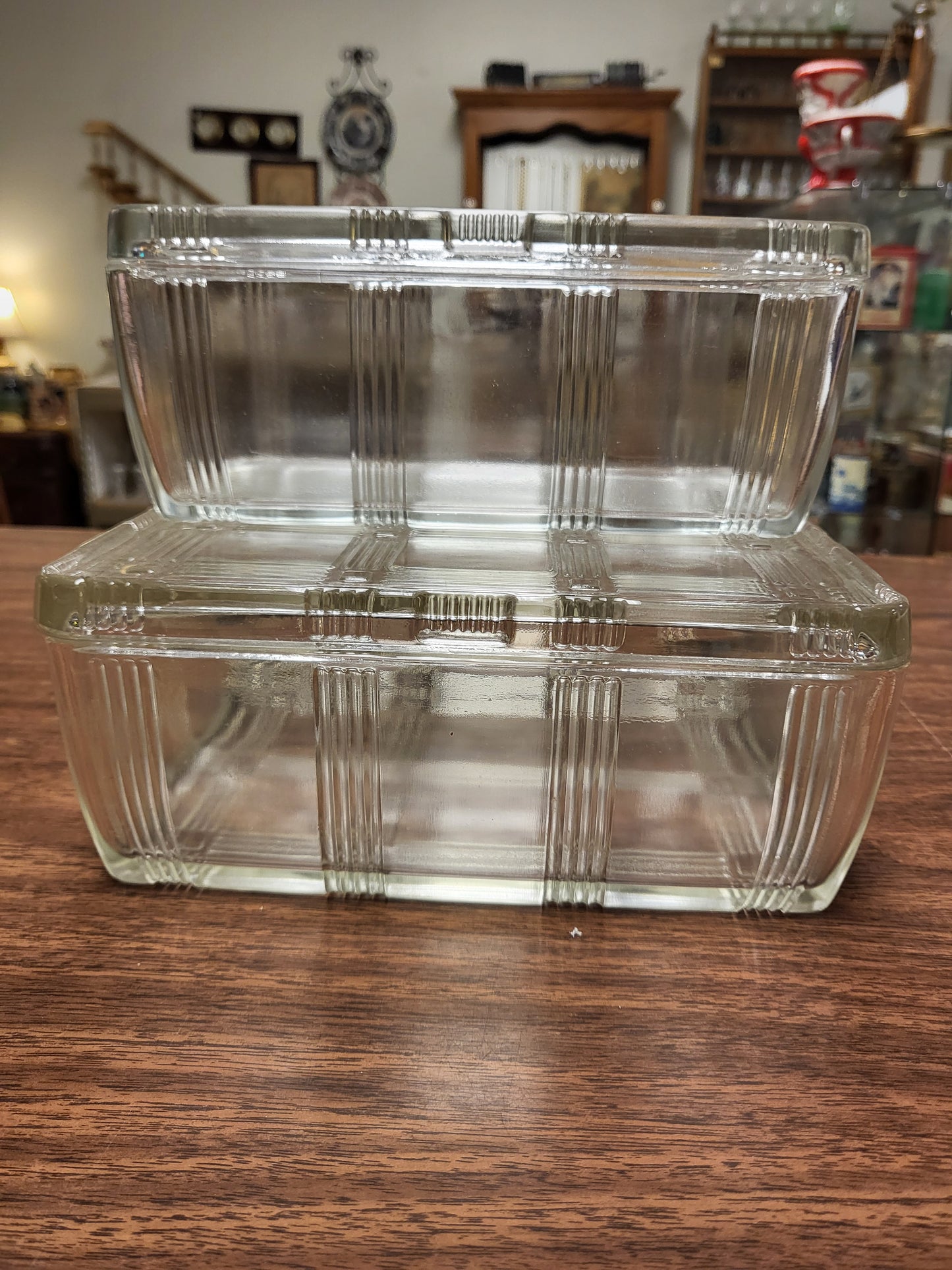 Vintage Hazel Atlas Criss Cross Refrigerator Dishes with Lids | Set of 2 Art Deco Clear Glass Food Storage Containers