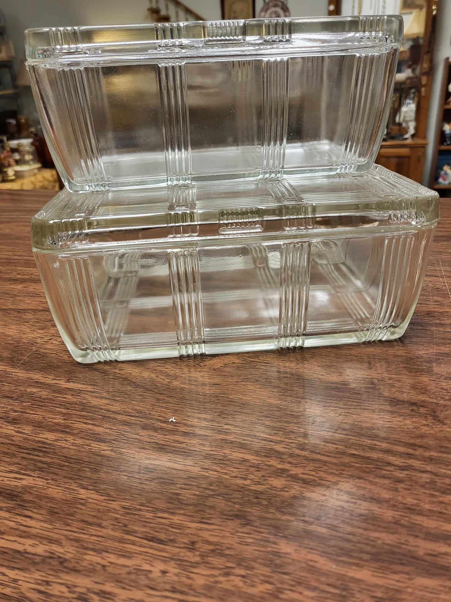 Vintage Hazel Atlas Criss Cross Refrigerator Dishes with Lids | Set of 2 Art Deco Clear Glass Food Storage Containers