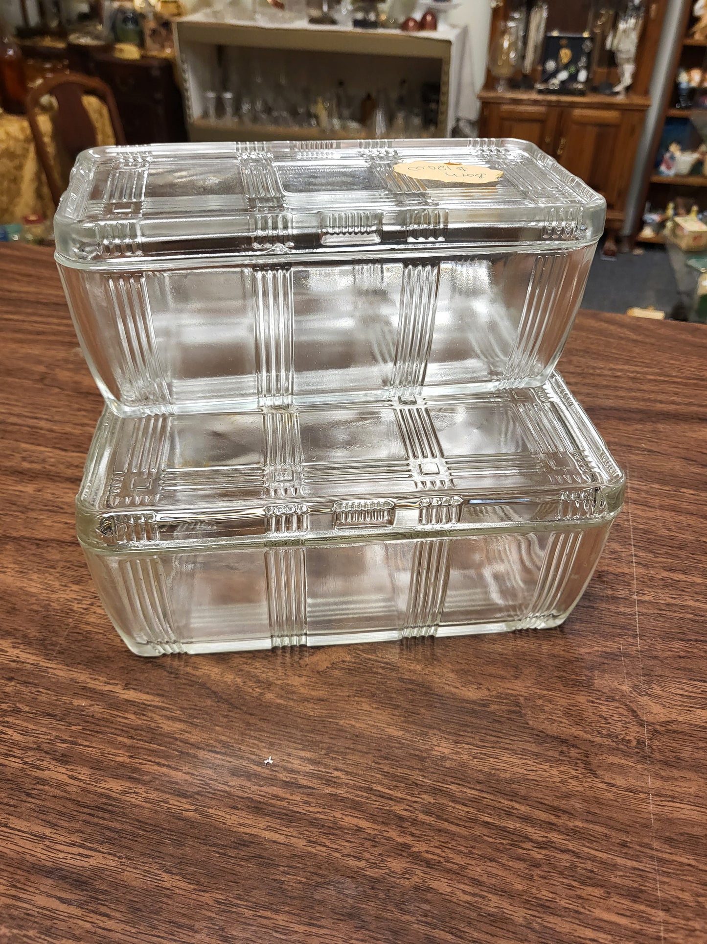 Vintage Hazel Atlas Criss Cross Refrigerator Dishes with Lids | Set of 2 Art Deco Clear Glass Food Storage Containers