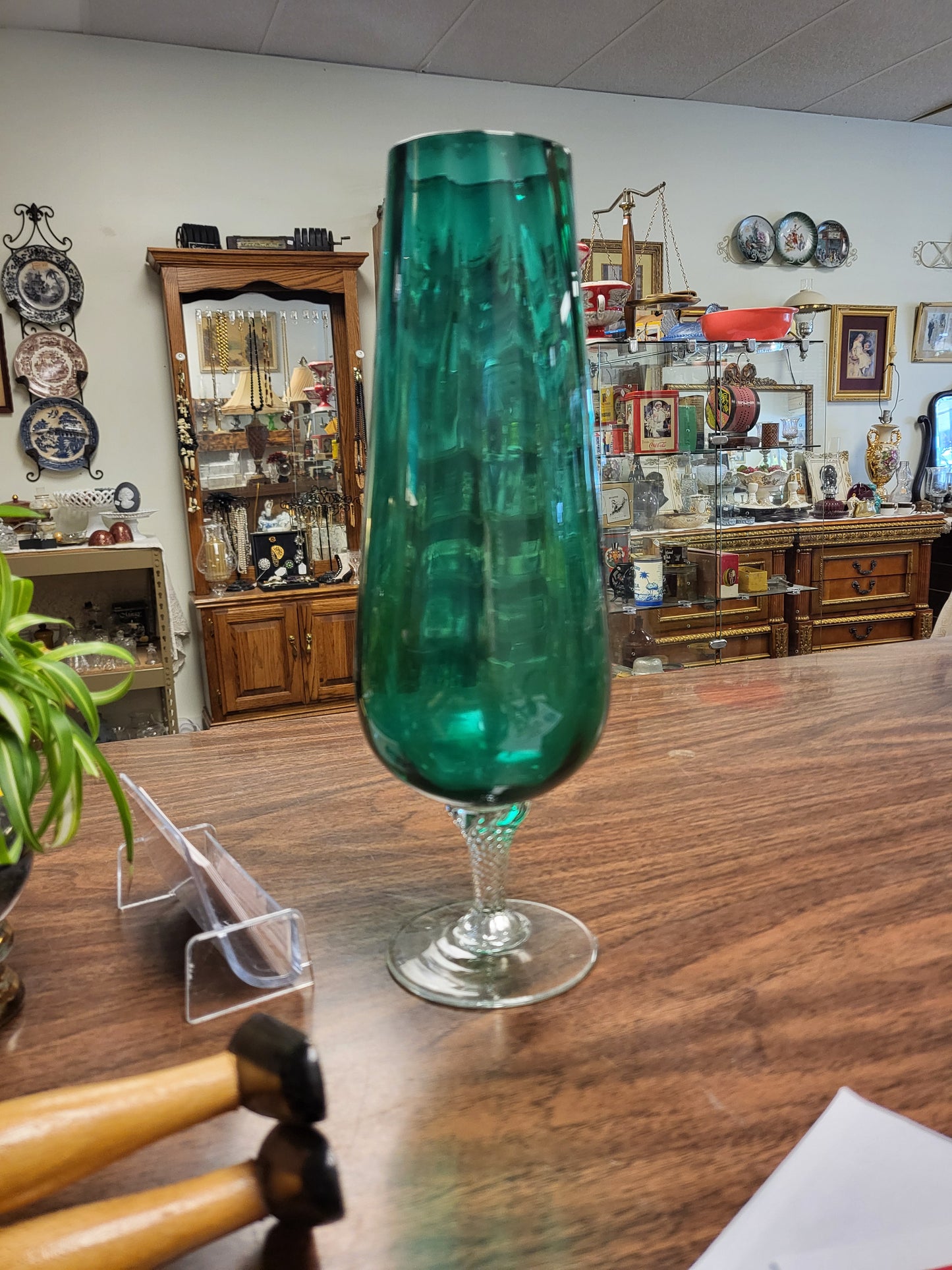 Vintage Empoli Emerald Green Champagne Flute | 11" Mid-Century Modern Italian Art Glass Toasting Glass | Twisted Stem Stemware
