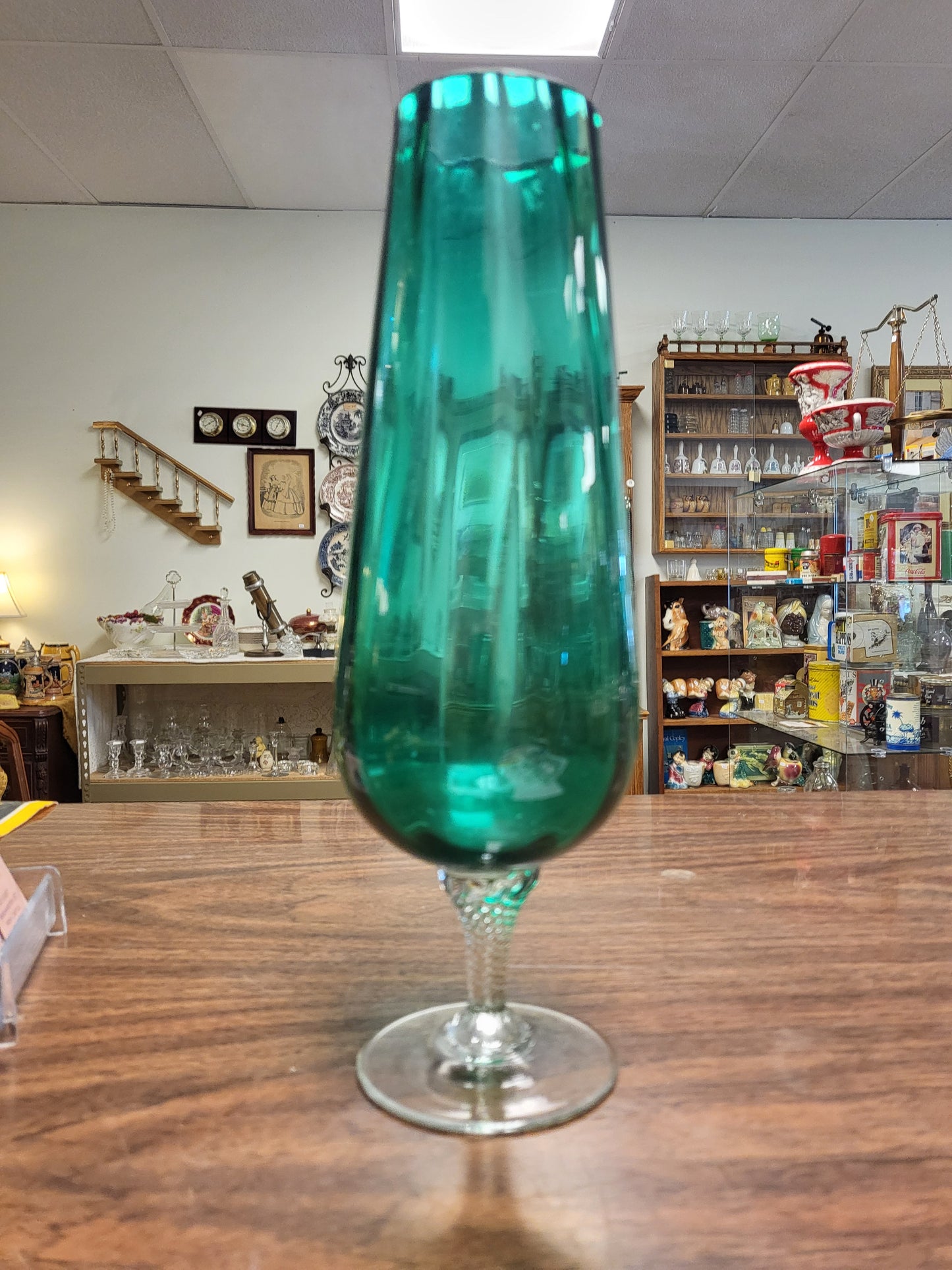 Vintage Empoli Emerald Green Champagne Flute | 11" Mid-Century Modern Italian Art Glass Toasting Glass | Twisted Stem Stemware