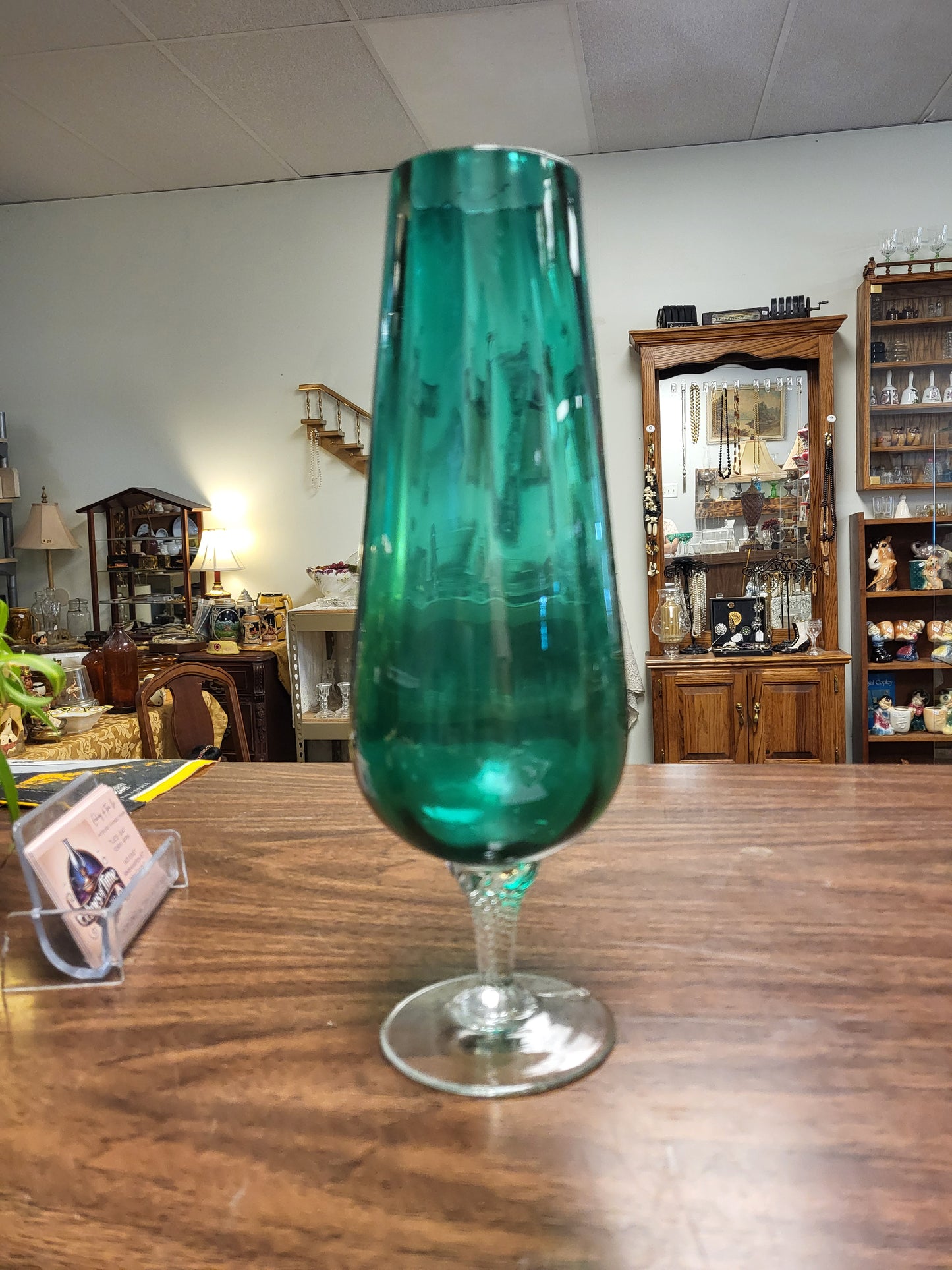 Vintage Empoli Emerald Green Champagne Flute | 11" Mid-Century Modern Italian Art Glass Toasting Glass | Twisted Stem Stemware