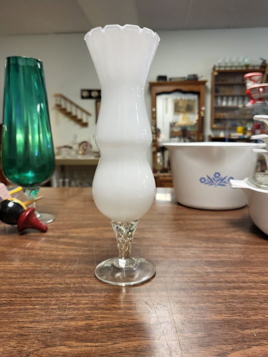 Vintage Mid-Century Empoli Style White Cased Glass Bud Vase 9.5” Clear Twisted Stem Scalloped Ruffled Rim Hand Blown Italian Art Glass Retro MCM
