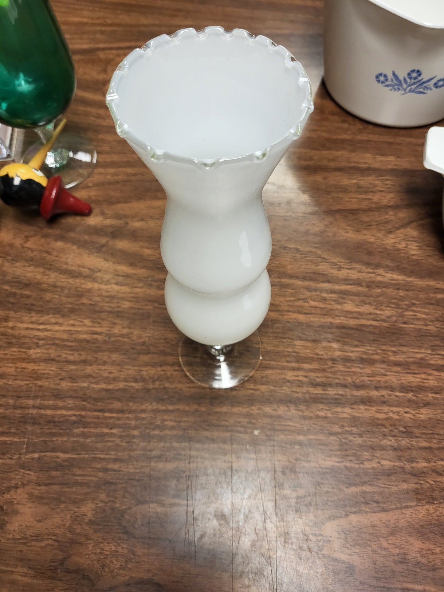 Vintage Mid-Century Empoli Style White Cased Glass Bud Vase 9.5” Clear Twisted Stem Scalloped Ruffled Rim Hand Blown Italian Art Glass Retro MCM