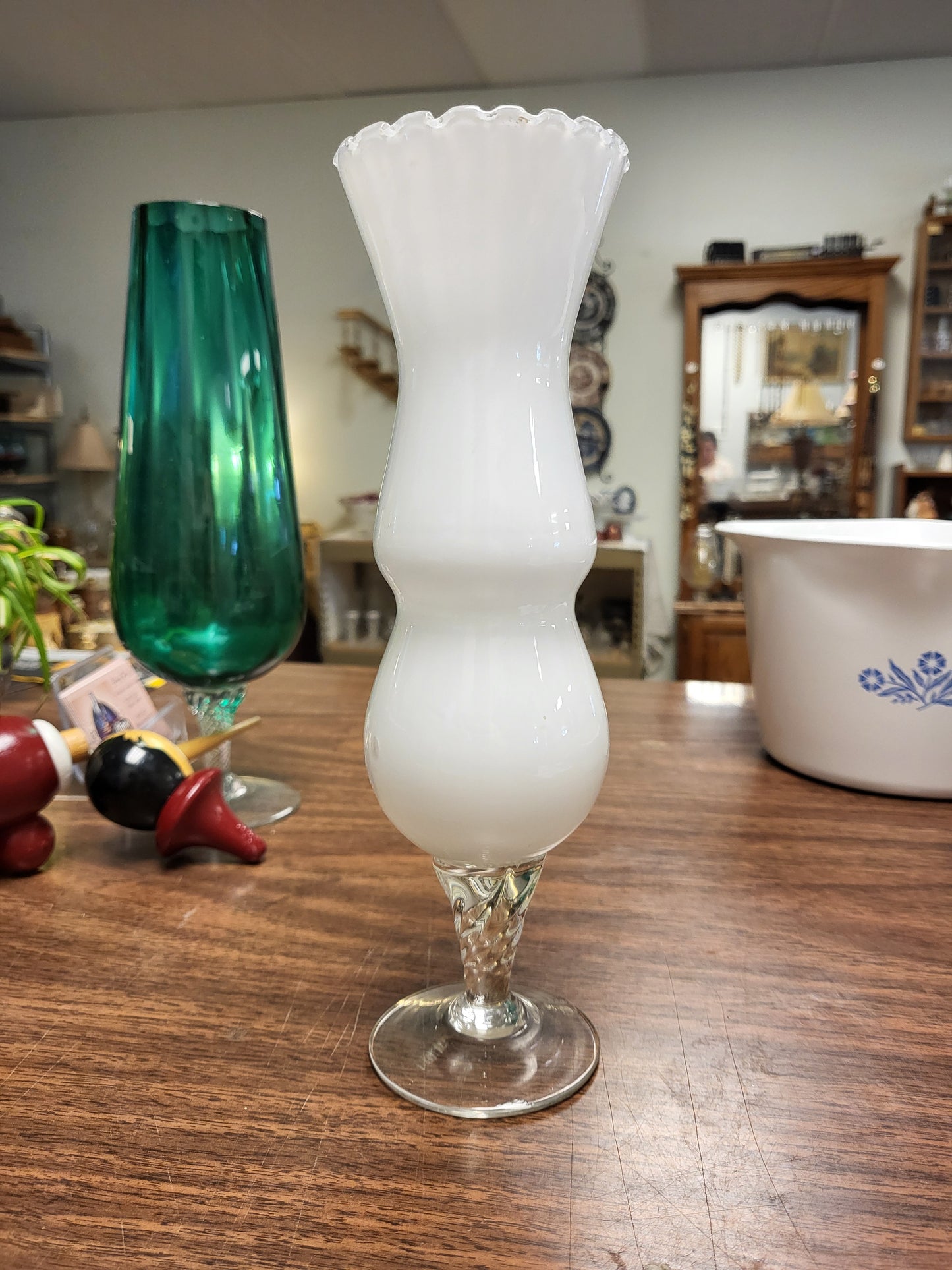 Vintage Mid-Century Empoli Style White Cased Glass Bud Vase 9.5” Clear Twisted Stem Scalloped Ruffled Rim Hand Blown Italian Art Glass Retro MCM