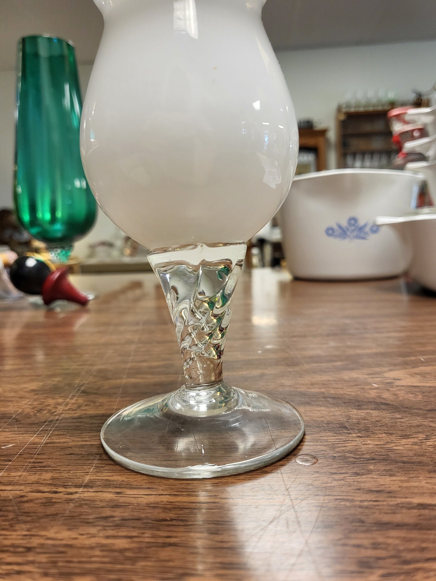 Vintage Mid-Century Empoli Style White Cased Glass Bud Vase 9.5” Clear Twisted Stem Scalloped Ruffled Rim Hand Blown Italian Art Glass Retro MCM