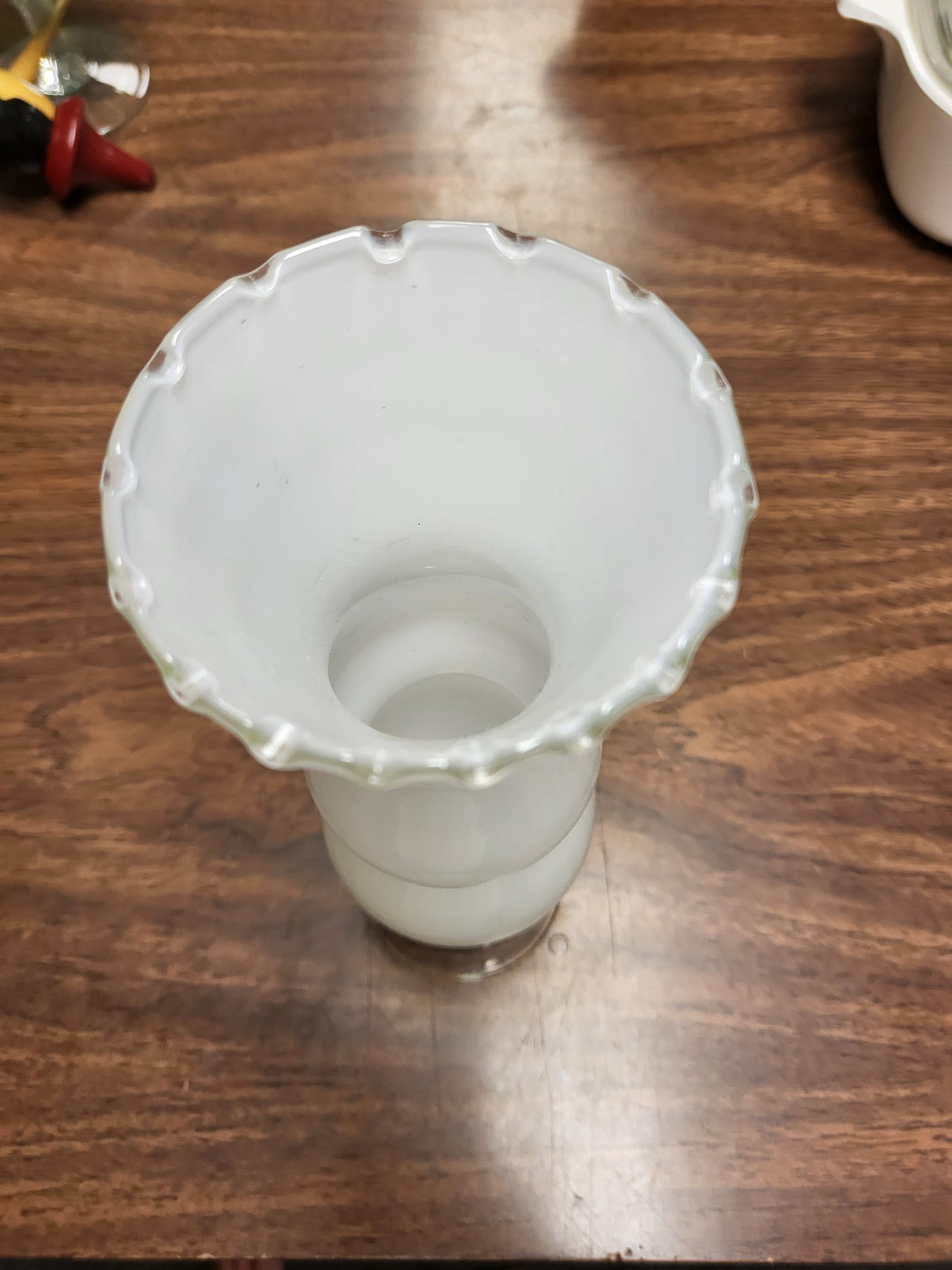 Vintage Mid-Century Empoli Style White Cased Glass Bud Vase 9.5” Clear Twisted Stem Scalloped Ruffled Rim Hand Blown Italian Art Glass Retro MCM