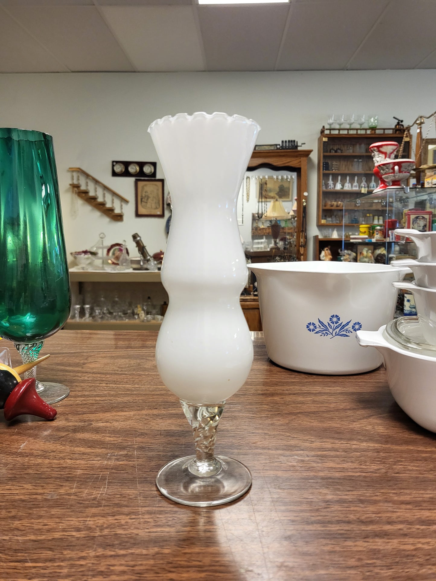 Vintage Mid-Century Empoli Style White Cased Glass Bud Vase 9.5” Clear Twisted Stem Scalloped Ruffled Rim Hand Blown Italian Art Glass Retro MCM