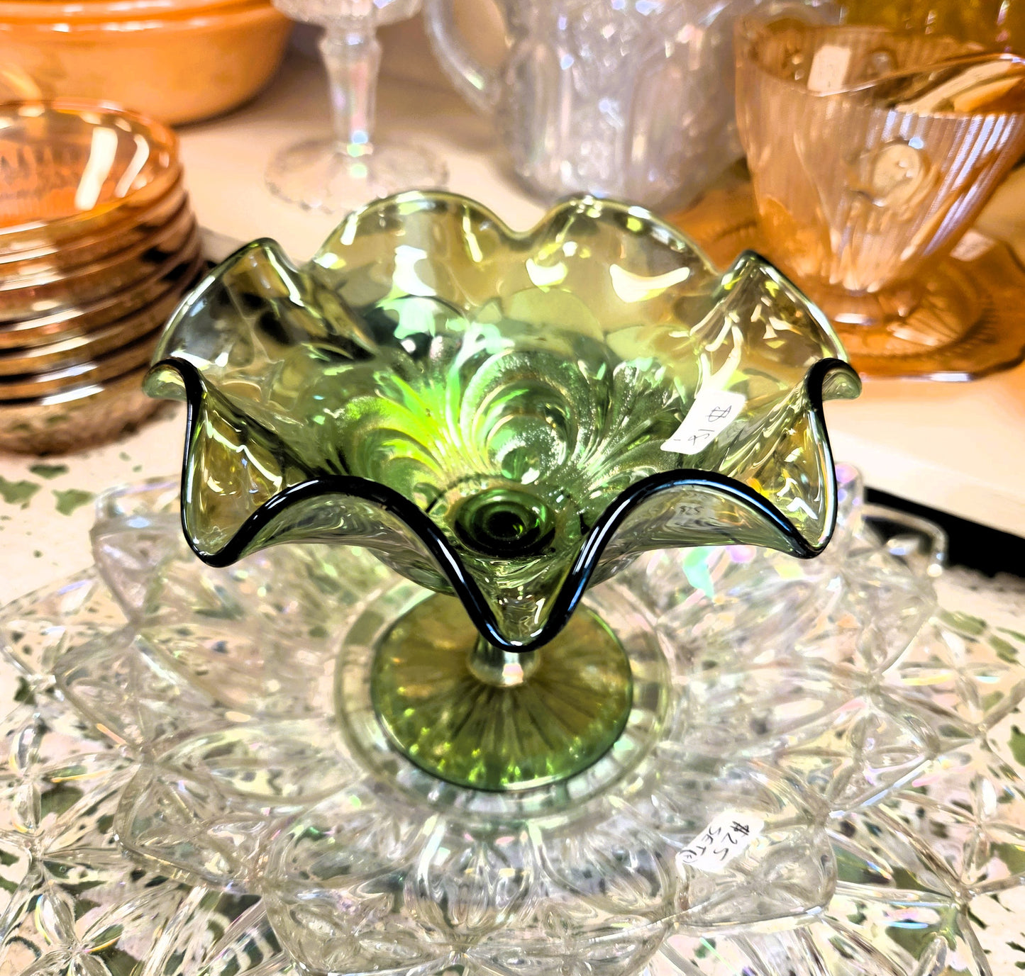Antique Imperial Glass Helios Green Scroll Embossed Carnival Glass Ruffled Compote 1910s
