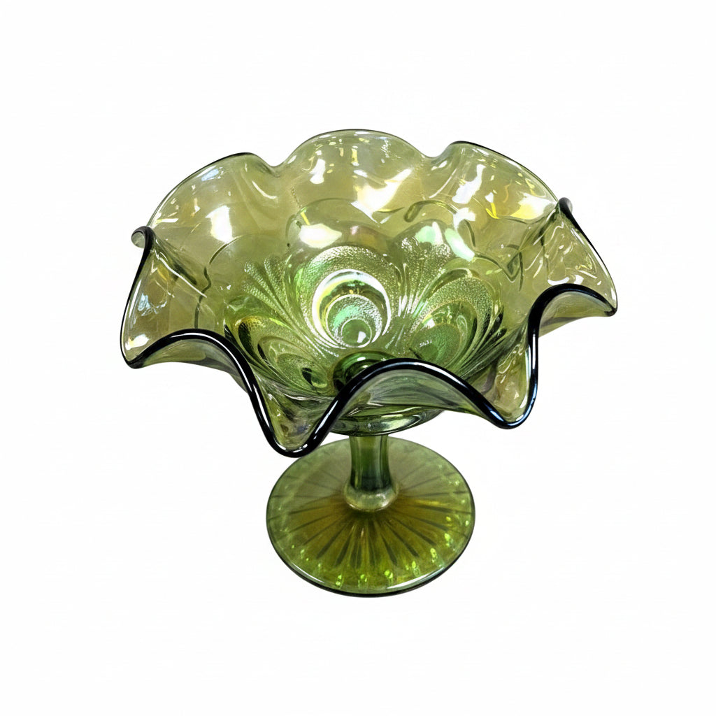 Antique Imperial Glass Helios Green Scroll Embossed Carnival Glass Ruffled Compote 1910s