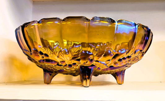Vintage Indiana Carnival Glass Harvest Grape Oval Footed Fruit Bowl Marigold Amber