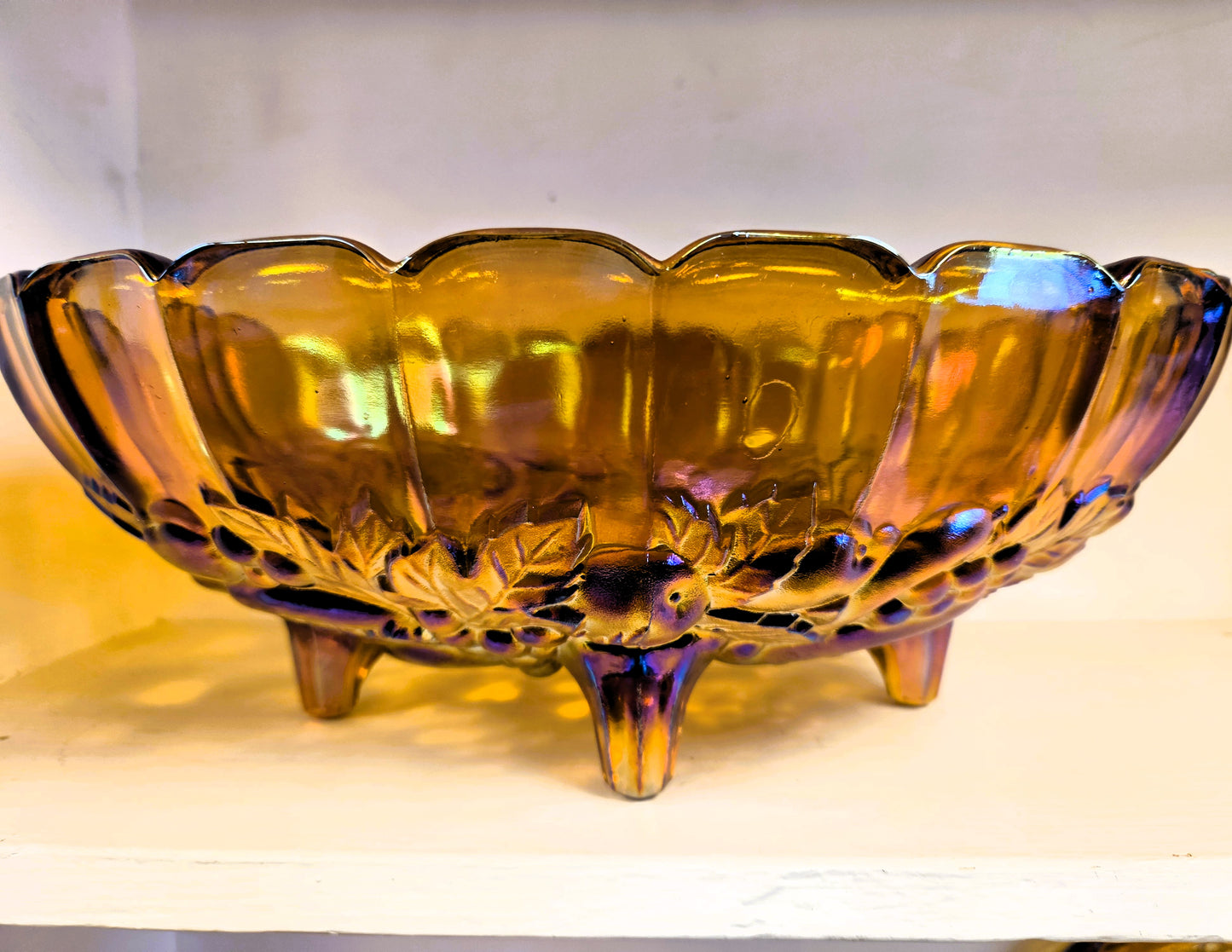 Vintage Indiana Carnival Glass Harvest Grape Oval Footed Fruit Bowl Marigold Amber