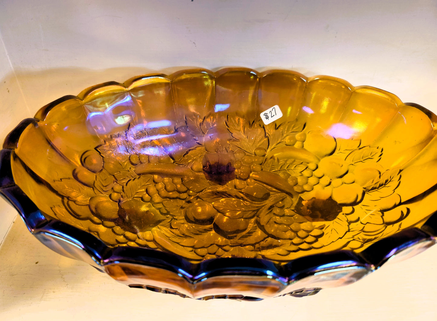 Vintage Indiana Carnival Glass Harvest Grape Oval Footed Fruit Bowl Marigold Amber
