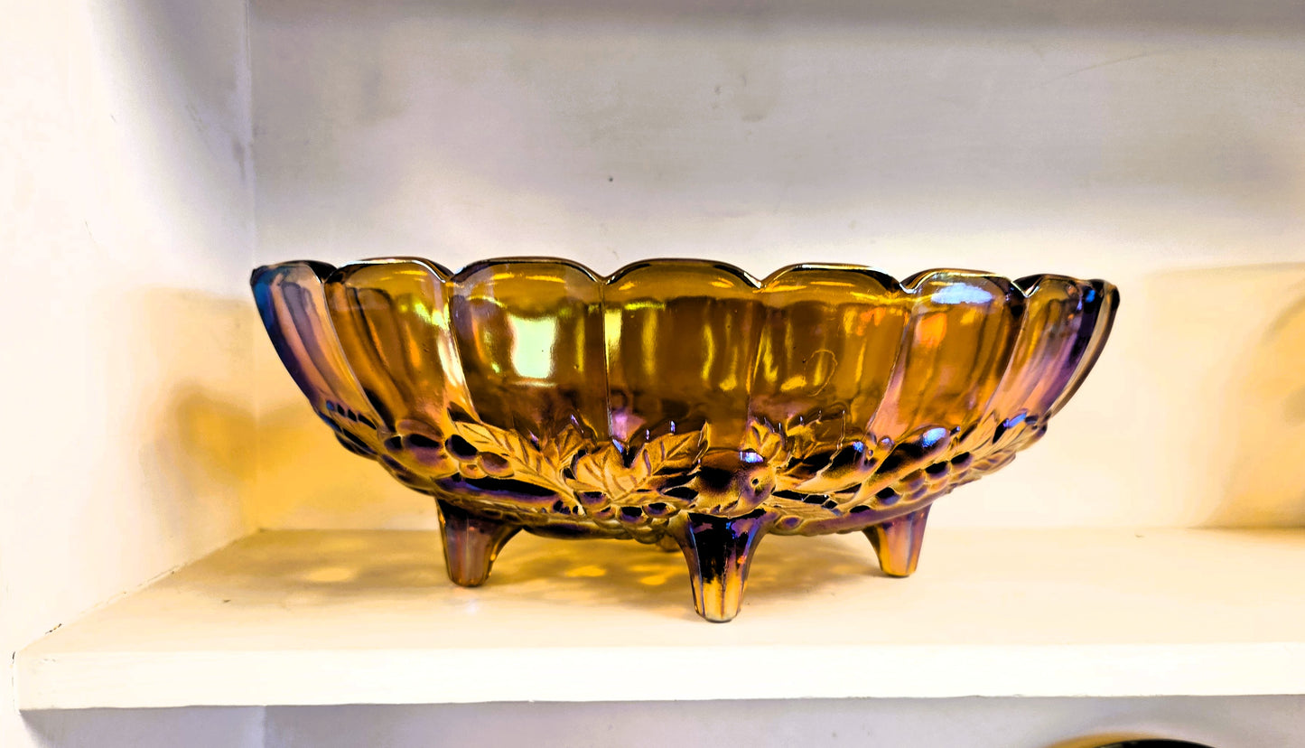 Vintage Indiana Carnival Glass Harvest Grape Oval Footed Fruit Bowl Marigold Amber