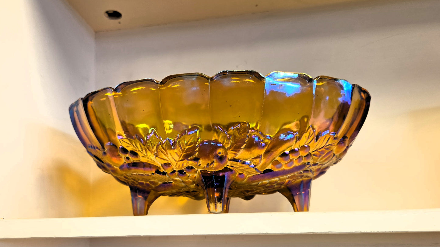 Vintage Indiana Carnival Glass Harvest Grape Oval Footed Fruit Bowl Marigold Amber