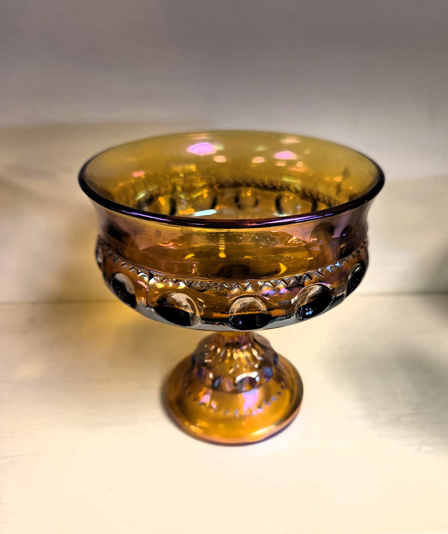 Vintage Indiana Glass King's Crown Marigold Carnival Glass Compote Thumbprint Pedestal Candy Dish