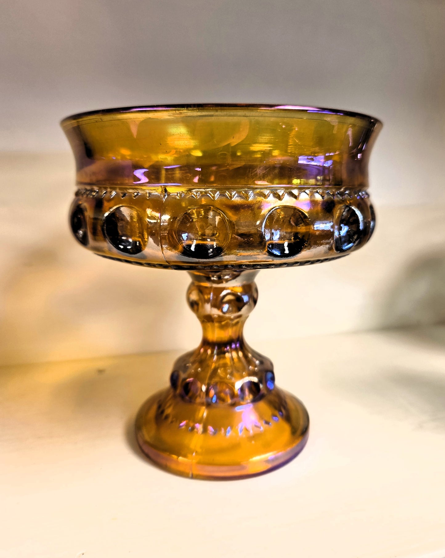 Vintage Indiana Glass King's Crown Marigold Carnival Glass Compote Thumbprint Pedestal Candy Dish