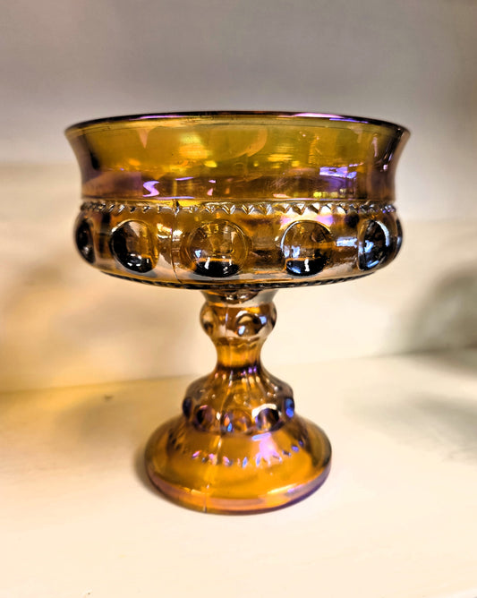 Vintage Indiana Glass King's Crown Marigold Carnival Glass Compote Thumbprint Pedestal Candy Dish