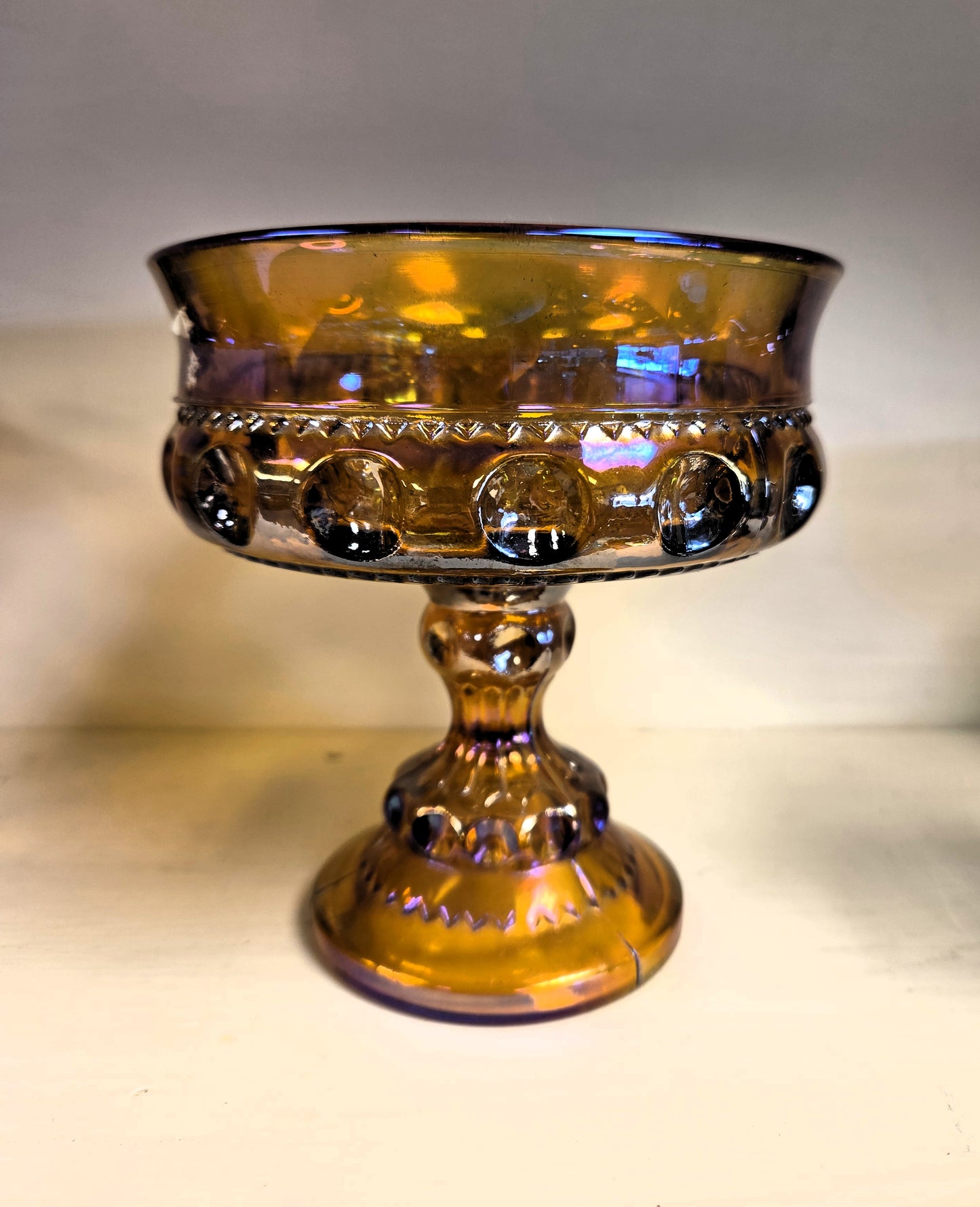 Vintage Indiana Glass King's Crown Marigold Carnival Glass Compote Thumbprint Pedestal Candy Dish