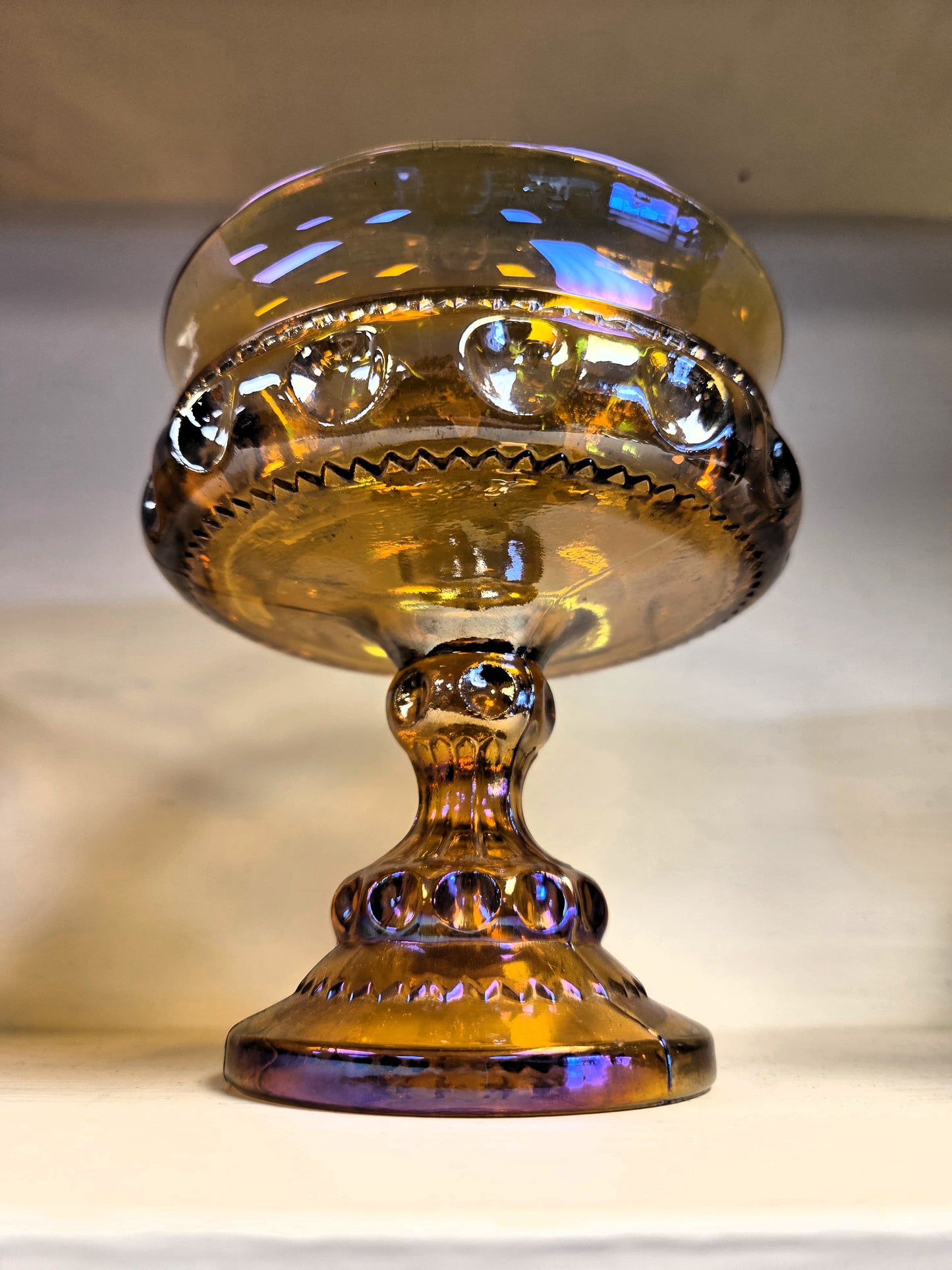 Vintage Indiana Glass King's Crown Marigold Carnival Glass Compote Thumbprint Pedestal Candy Dish