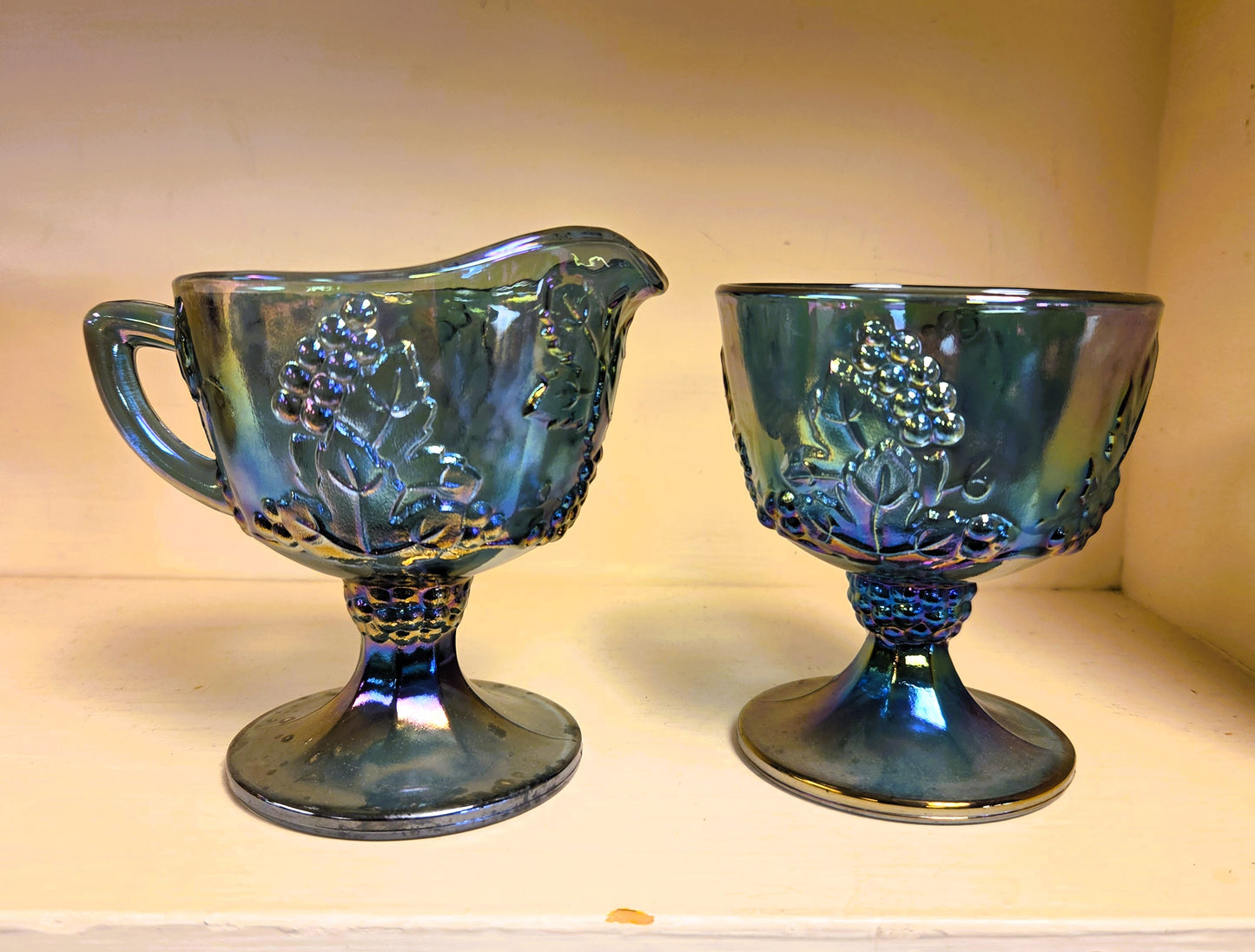 Vintage Indiana Carnival Glass Harvest Grape Blue Creamer and Sugar Bowl Set 1970s