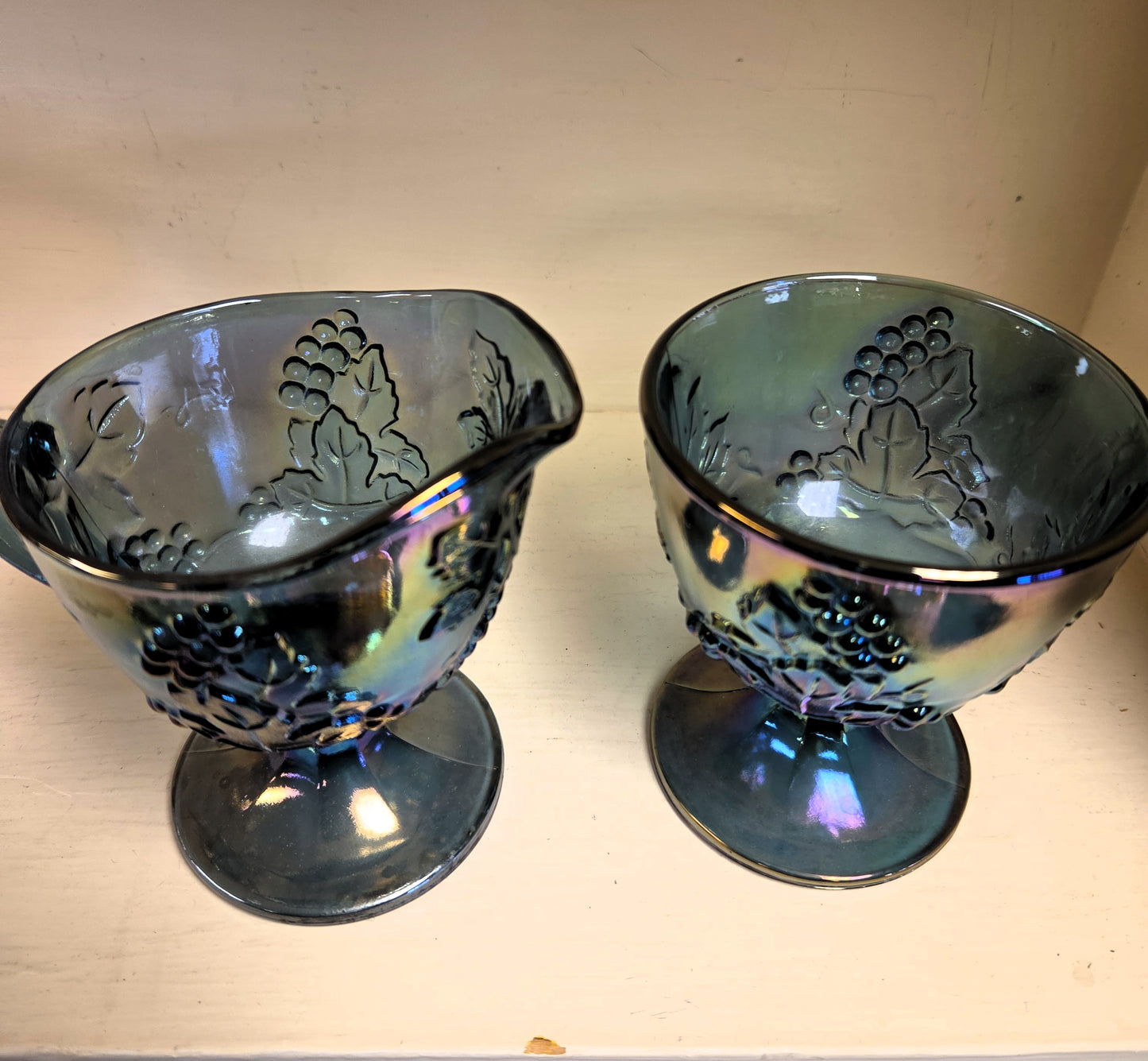 Vintage Indiana Carnival Glass Harvest Grape Blue Creamer and Sugar Bowl Set 1970s
