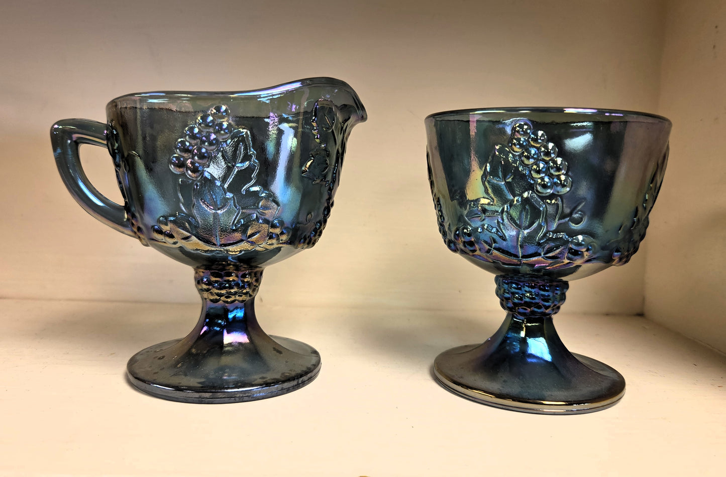 Vintage Indiana Carnival Glass Harvest Grape Blue Creamer and Sugar Bowl Set 1970s