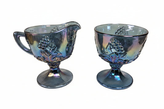 Vintage Indiana Carnival Glass Harvest Grape Blue Creamer and Sugar Bowl Set 1970s