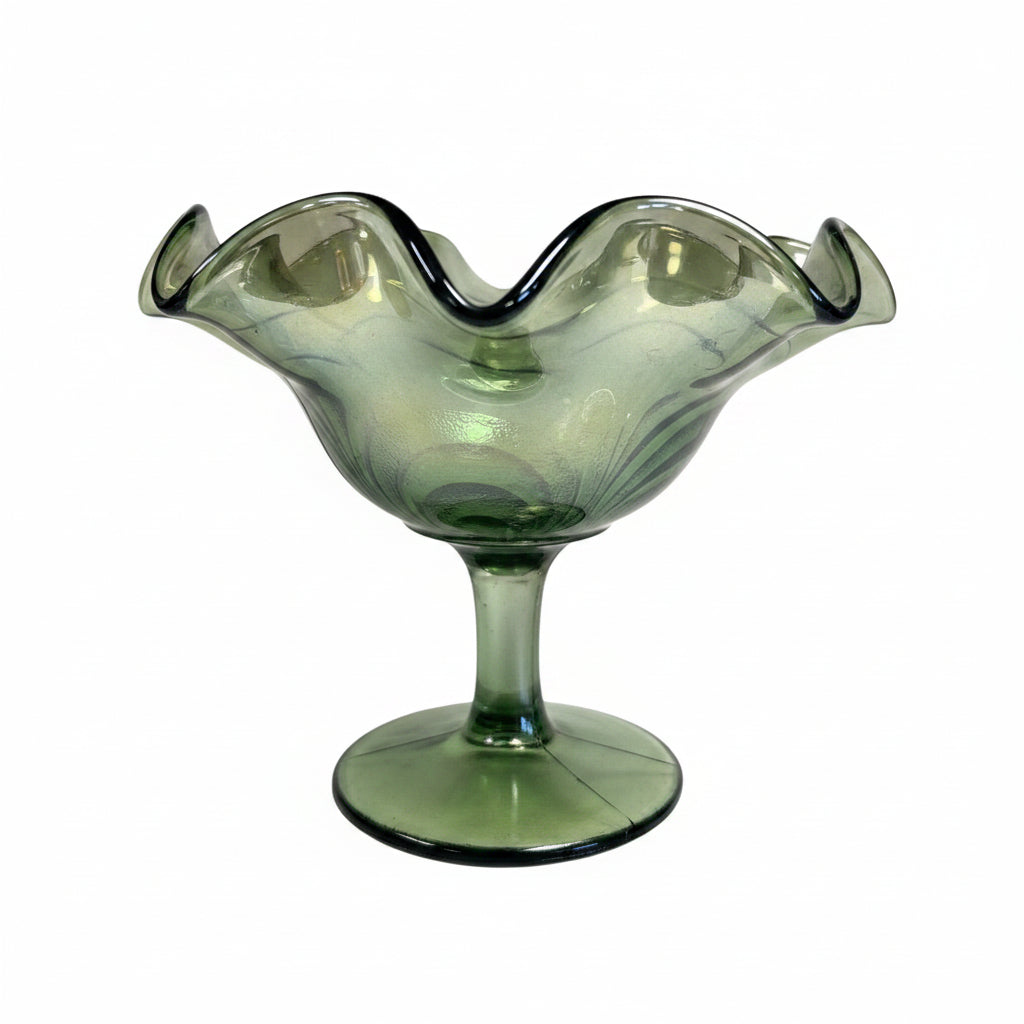 Antique Imperial Glass Helios Green Scroll Embossed Carnival Glass Ruffled Compote 1910s