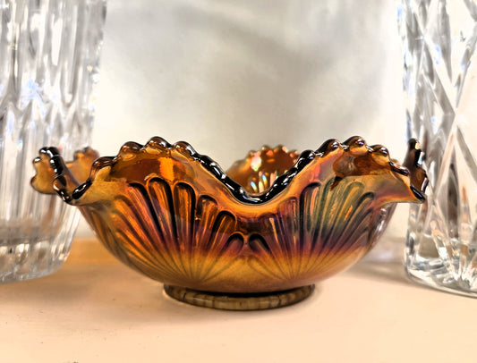 Antique Fenton Marigold Carnival Glass Ribbon Tie Ruffled Bowl, Circa 1911