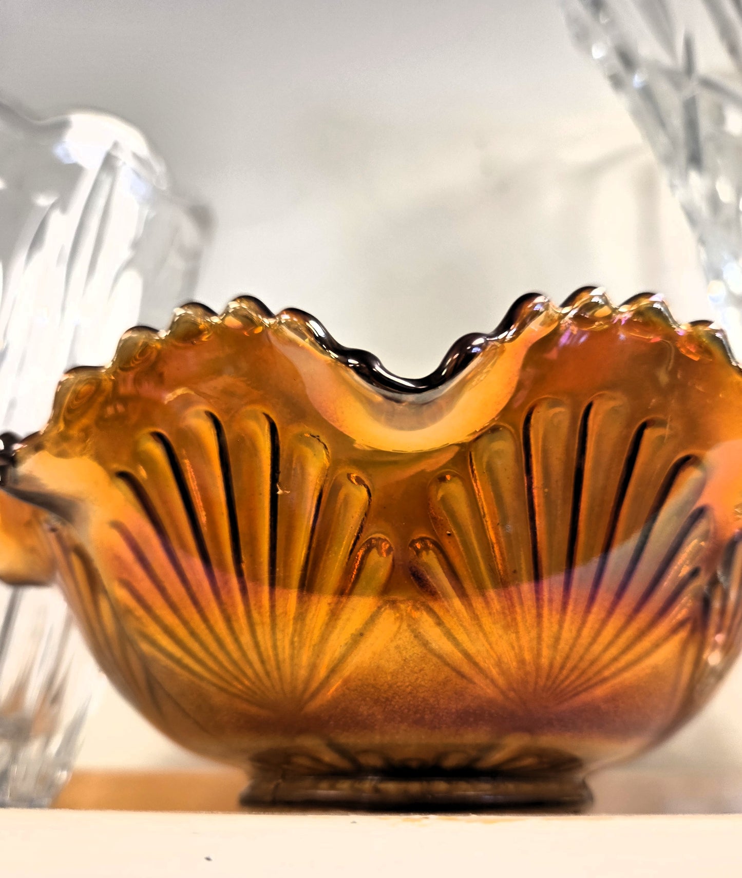 Antique Fenton Marigold Carnival Glass Ribbon Tie Ruffled Bowl, Circa 1911
