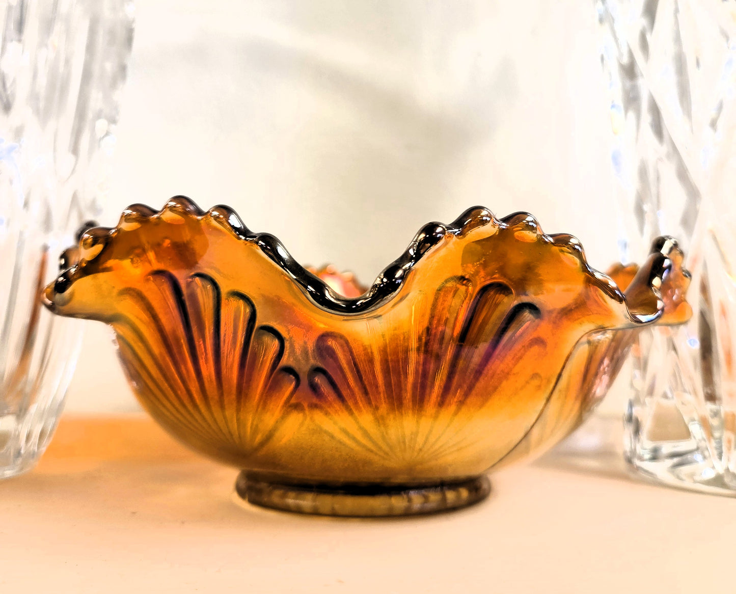 Antique Fenton Marigold Carnival Glass Ribbon Tie Ruffled Bowl, Circa 1911