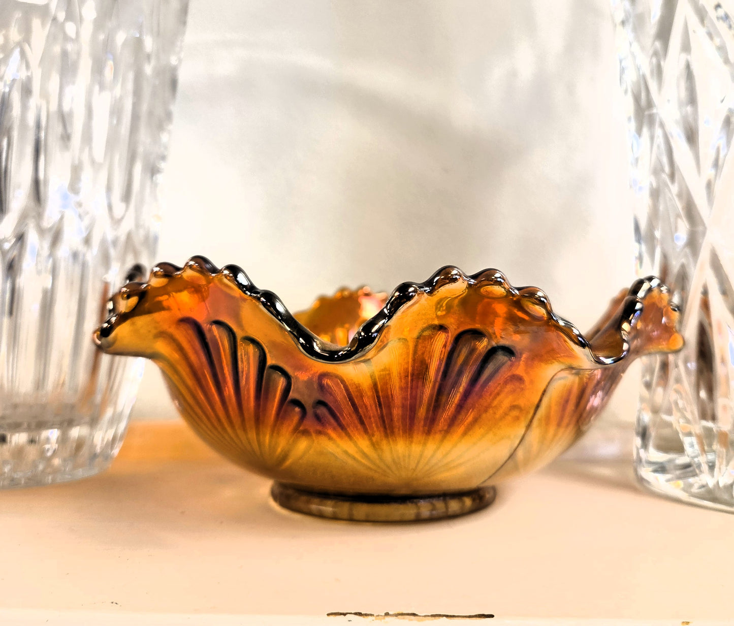 Antique Fenton Marigold Carnival Glass Ribbon Tie Ruffled Bowl, Circa 1911